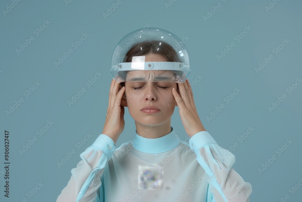 A woman wearing a futuristic head device, appearing thoughtful and serene against a blue background. A woman wearing a futuristic head device, appearing thoughtful and serene against a blue background.