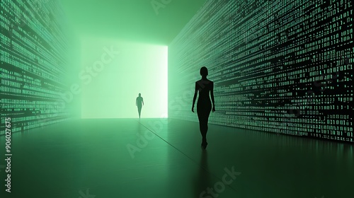 Person walking towards a beacon of light with green digital code background, symbolizing technology and progress