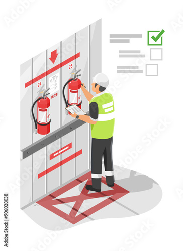factory safety inspection isometric engineer inspecting fire extinguisher tank at fire extingguisher placement isolated cartoon