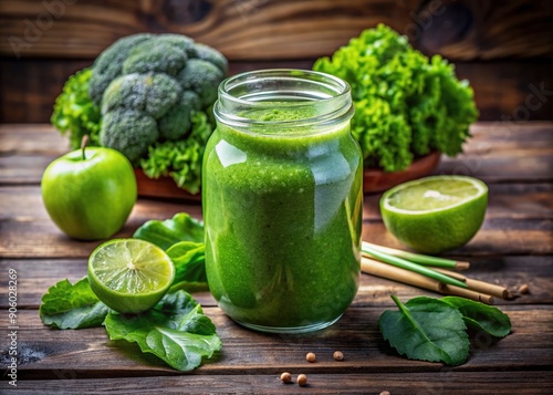 Freshly blended green smoothie in a glass jar sits atop a rustic wooden table, surrounded by vibrant spinach, kale, and a squeeze of lime. photo