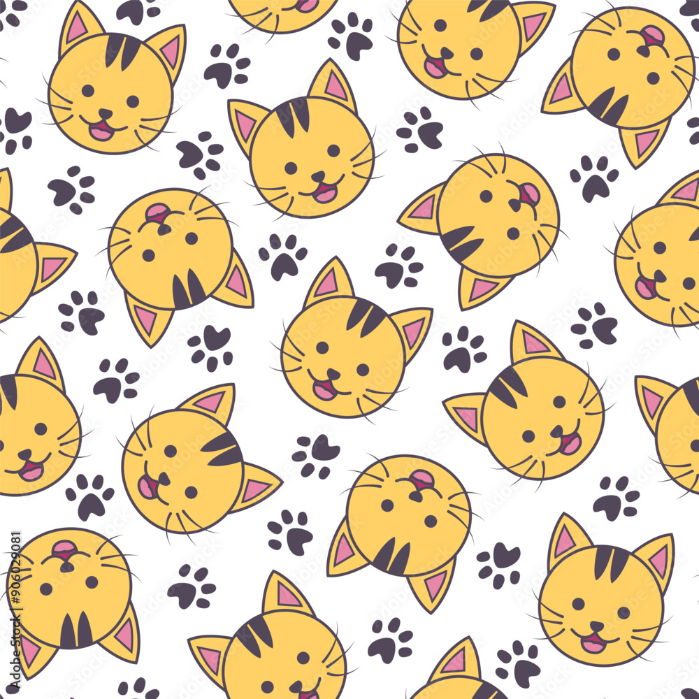 Seamless pattern of orange cat with black footprint decoration and transparent background Seamless pattern of orange cat with black footprint decoration and transparent background
