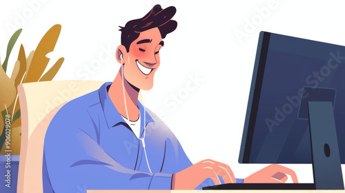 Smiling Man Working on Computer:  A digital illustration of a man working on a computer, smiling happily with earphones on.  Perfect for illustrating concepts of success, productivity, work-life balan