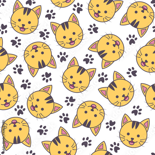 Seamless pattern of orange cat with black footprint decoration and transparent background