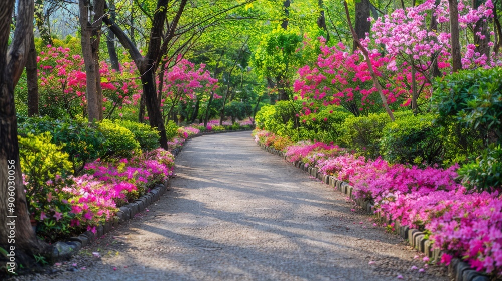 Pathway lined with blooming azaleas in a park Pathway lined with blooming azaleas in a park