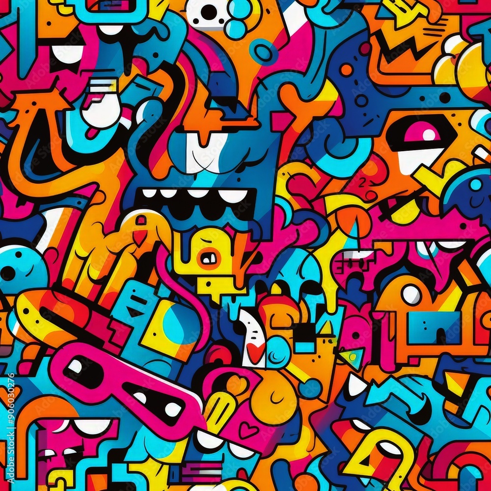 Fototapeta premium Seamless graffiti doodle pattern featuring colorful cartoon monsters and abstract shapes in a vibrant street art style.