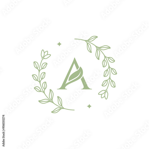 circle leaf badge feminine simple logo design vector