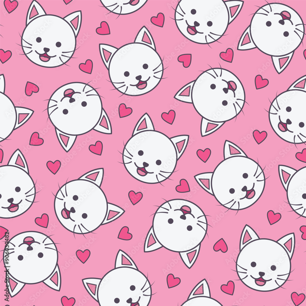 white cat seamless pattern with red heart emblem decoration and pink background white cat seamless pattern with red heart emblem decoration and pink background