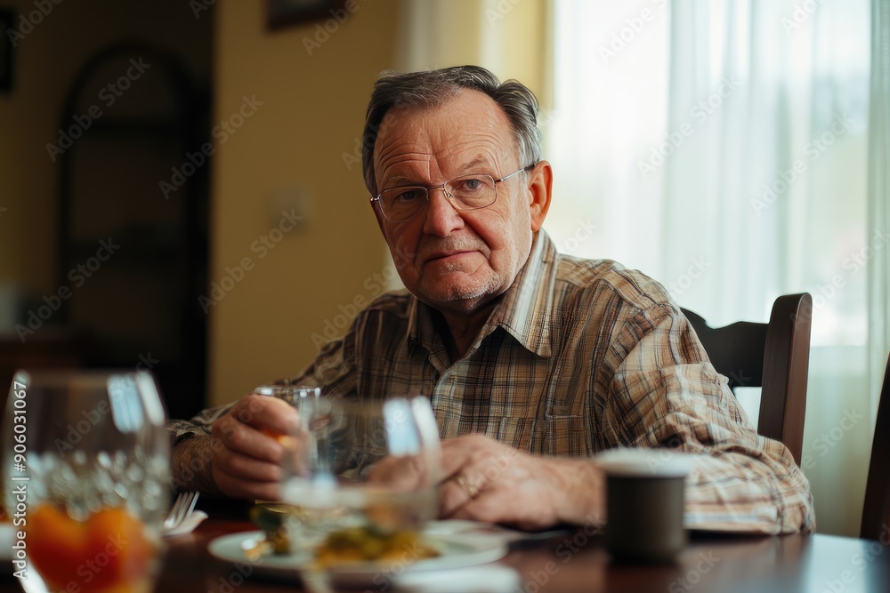 Older Man With Glasses Sitting at a Table and Holding a Glass Older Man With Glasses Sitting at a Table and Holding a Glass