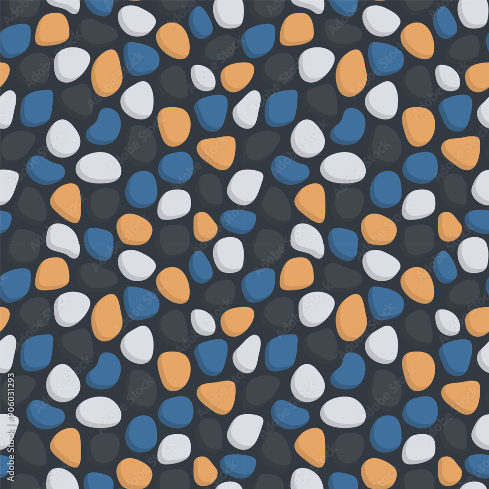 seamless pattern of black, white, blue and orange colored stones on a black background seamless pattern of black, white, blue and orange colored stones on a black background