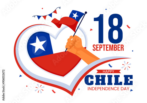 Happy Chile Independence Day Vector Illustration with Waving Flag and Ribbon in National Holiday Flat Style Cartoon Background