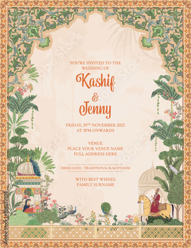 Mughal wedding invitation card design. Indian Mughal wedding invitation card for printing vector illustration