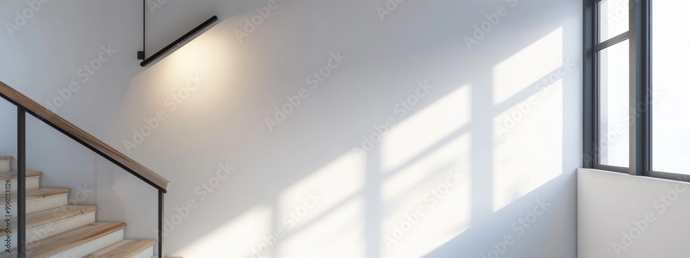 Fototapeta premium Empty white wall in the corner next to the stairs.