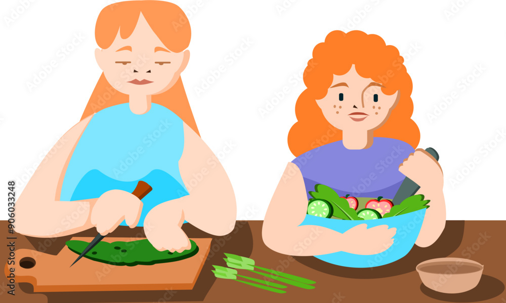 mother and daughter cooking salad together. vector illustration mother and daughter cooking salad together. vector illustration