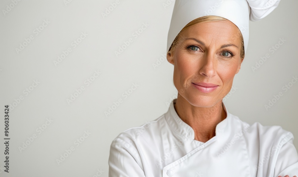 Confident Chef: Cheerful 30s Woman with Hat and Crossed Arms on White Background Confident Chef: Cheerful 30s Woman with Hat and Crossed Arms on White Background