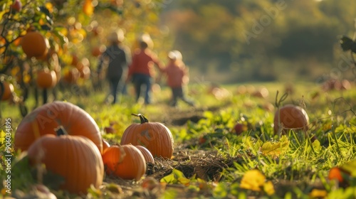 Fall festival pumpkin patch with families picking pumpkins and apples. 