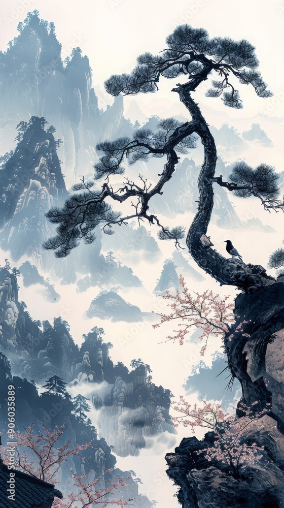Fototapeta premium 松の木と山の水墨画,Generative AI AI画像