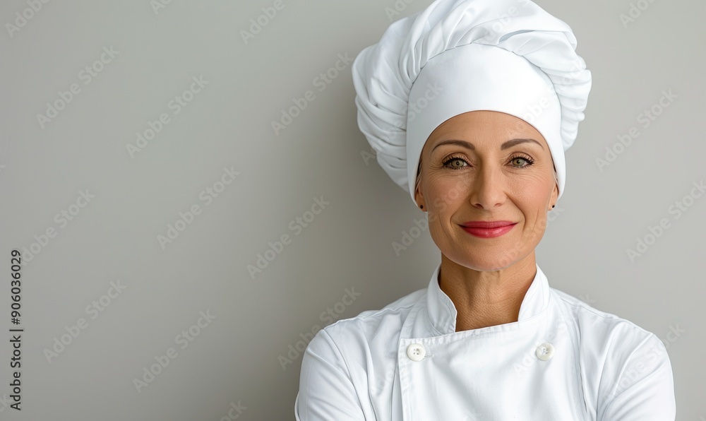 Confident Chef: Cheerful 30s Woman with Hat and Crossed Arms on White Background Confident Chef: Cheerful 30s Woman with Hat and Crossed Arms on White Background