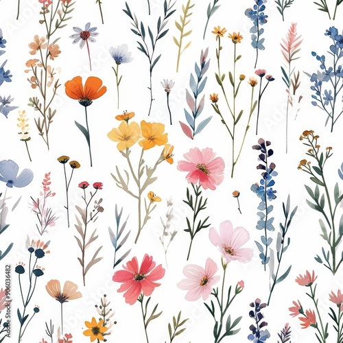 Watercolor meadow flowers seamless pattern with hand painted floral elements