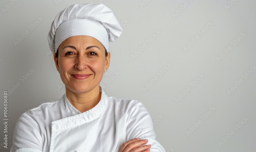 Confident Chef: Cheerful 30s Woman with Hat and Crossed Arms on White Background Confident Chef: Cheerful 30s Woman with Hat and Crossed Arms on White Background