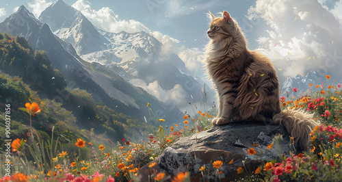 
A cat is sitting on a mountain top