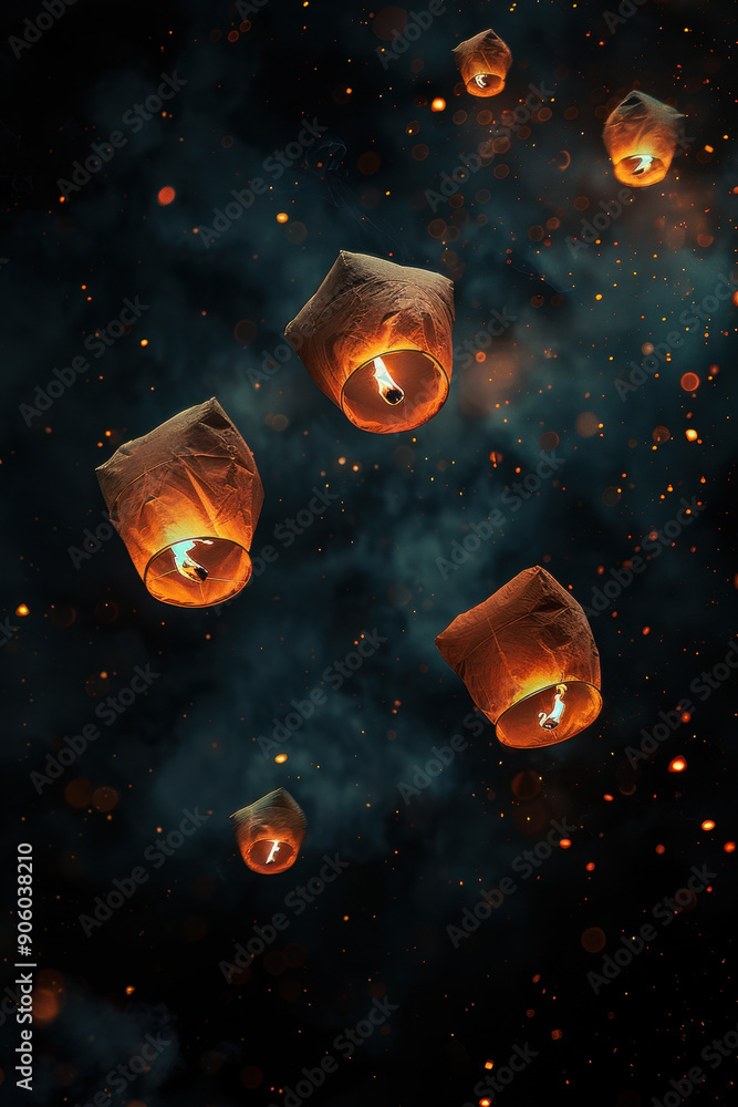 Obraz premium A group of lit candles are floating in the air, creating a warm and cozy atmosphere. The candles are scattered throughout the scene, with some closer to the foreground