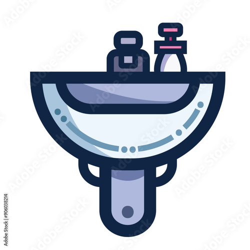 Ceramic sink with faucet and hand soap bottle colorful icon illustration isolated on square white background. Simple flat outlined cartoon art styled drawing. Bathroom or kitchen interior object.