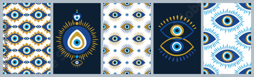 Set of various hand drawn doodle eyes posters, vector flat illustration. Collection of evil, ra, turkish, greek and esoteric eyes, different shapes.eps