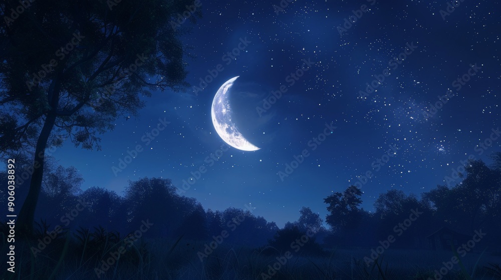 The moon hangs like a silver crescent in the night sky, casting a gentle light. The moon hangs like a silver crescent in the night sky, casting a gentle light.