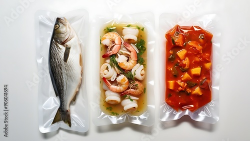 Three vacuumsealed food packages laid out horizontally photo