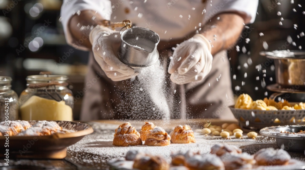 A culinary masterpiece in the making, showcasing a chef's hands sifting powdered sugar over freshly baked pastries. The kitchen backdrop is filled with baking tools A culinary masterpiece in the making, showcasing a chef's hands sifting powdered sugar over freshly baked pastries. The kitchen backdrop is filled with baking tools