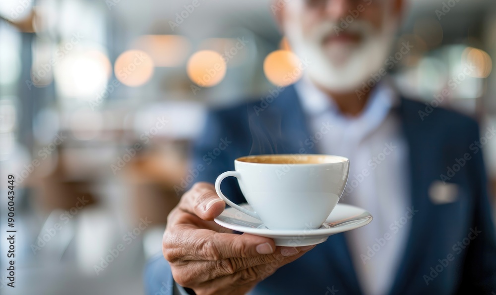 Professional Focus: Businessperson in Suit with Coffee in Modern Office Setting Professional Focus: Businessperson in Suit with Coffee in Modern Office Setting