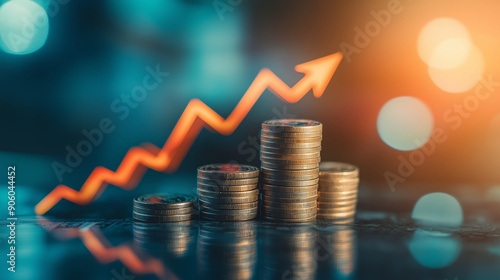 Businessman Drawing Upward Trending Graph with Coins and Financial Charts Symbolizing Business Growth and Market Trends. Hand Holding Pen Creating Curve, Emphasizing Wealth and Investment Success
