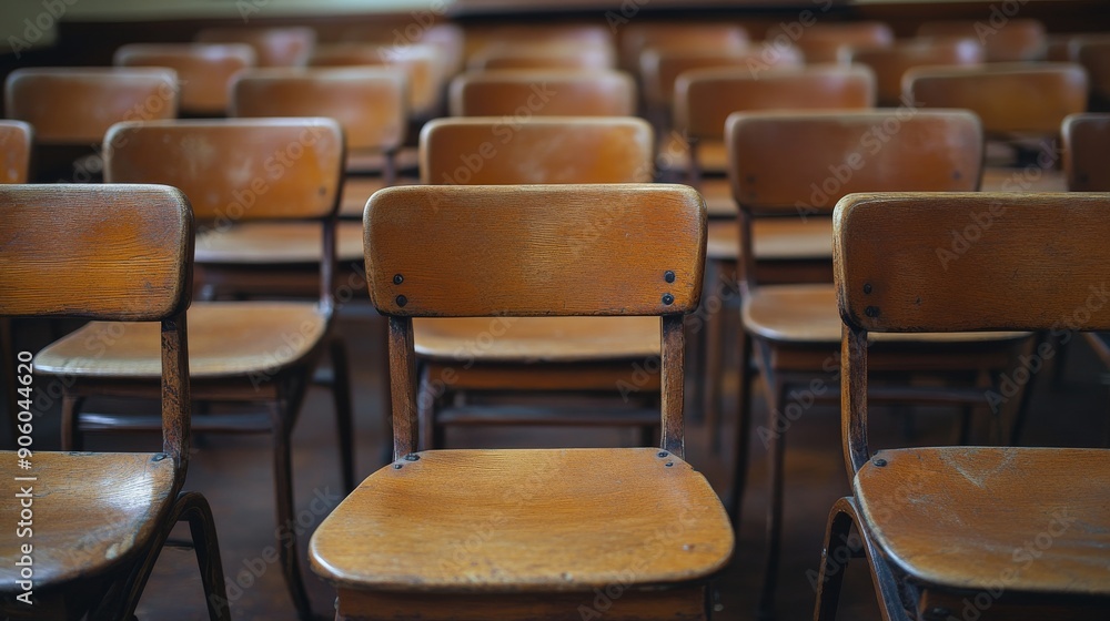 Obraz premium Selective Focus on Vintage Wooden Lecture Chairs in an Empty Classroom Highlighting the Essence of Education and Study Spaces