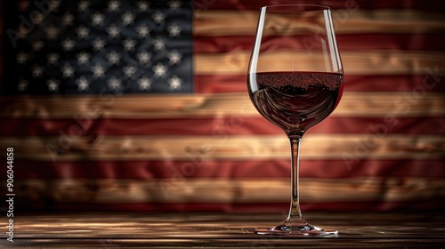 Glass of wine on table against American flag background 