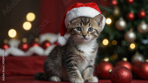 A tabby kitten wearing a Santa hat sits in front of a Christmas tree 