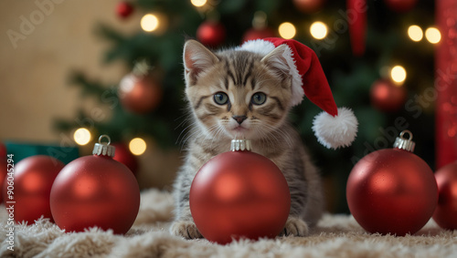 A tabby kitten wearing a Santa hat sits in front of a Christmas tree 