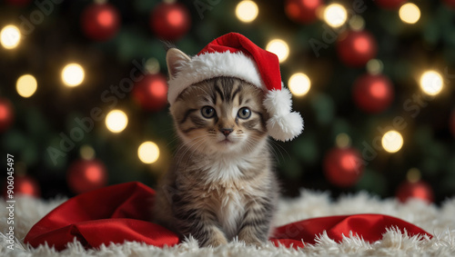 A tabby kitten wearing a Santa hat sits in front of a Christmas tree 