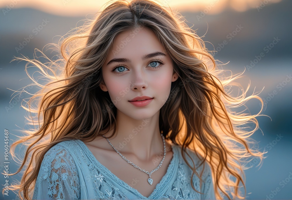 Beautiful Young Woman with Golden Hair and Blue Eyes Beautiful Young Woman with Golden Hair and Blue Eyes