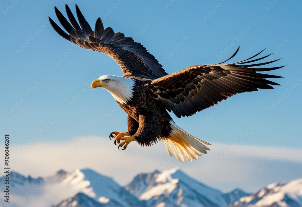 Fototapeta premium Majestic Bald Eagle Soaring Over Snowy Mountain Peaks