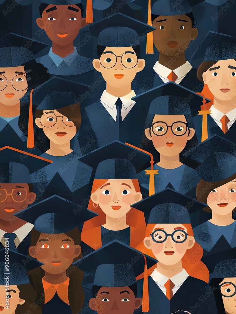 Obraz premium Graduation ceremony, students in caps and gowns, flat design illustration