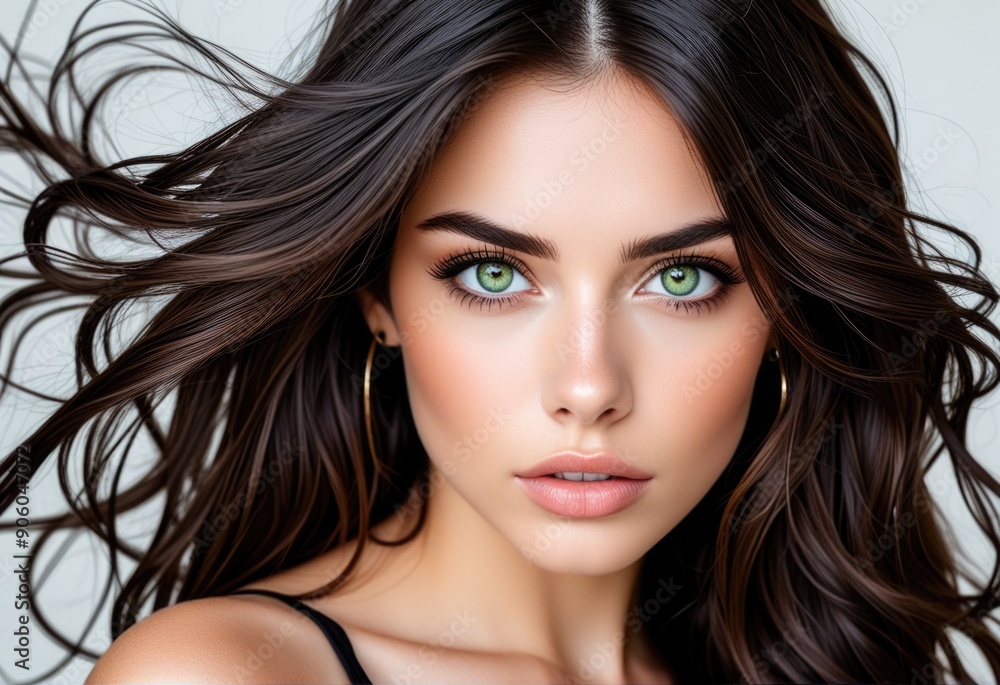 Beautiful Woman with Long Brown Hair and Green Eyes