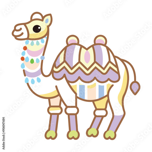 Cartoon Camel with a Colorful Saddle and Decorations photo