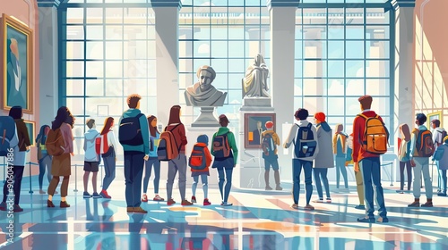 Educational field trip, students visiting museum, flat design illustration