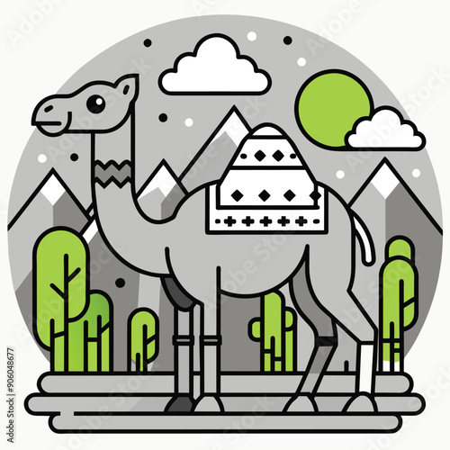 Camel with Saddle in a Desert Landscape