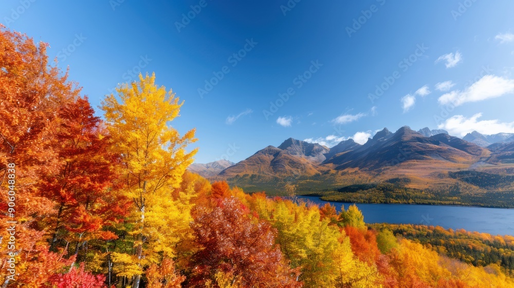 A panoramic view of mountains covered in autumn foliage