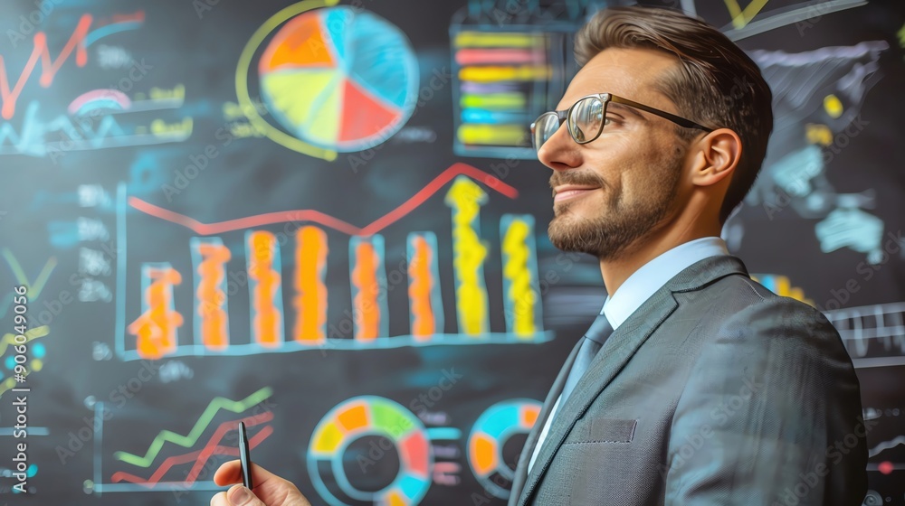 Business strategist presenting a market plan, rightaligned, pastel background, high resolution, more clarity with clear light and sharp focus , high detailed , Business strategist presenting a market plan, rightaligned, pastel background, high resolution, more clarity with clear light and sharp focus , high detailed ,