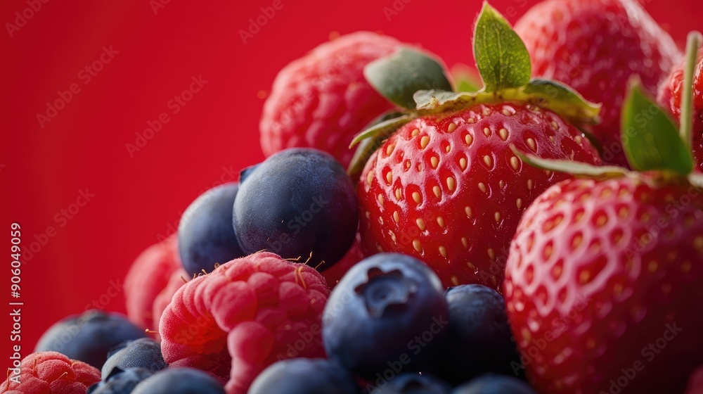 A close-up of juicy strawberries, blueberries, and raspberries displayed against a bright red background, showcasing their rich and appetizing hues. A close-up of juicy strawberries, blueberries, and raspberries displayed against a bright red background, showcasing their rich and appetizing hues.