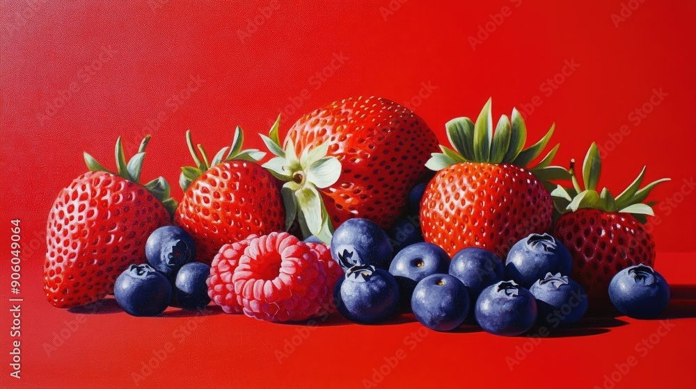 A close-up of juicy strawberries, blueberries, and raspberries displayed against a bright red background, showcasing their rich and appetizing hues. A close-up of juicy strawberries, blueberries, and raspberries displayed against a bright red background, showcasing their rich and appetizing hues.