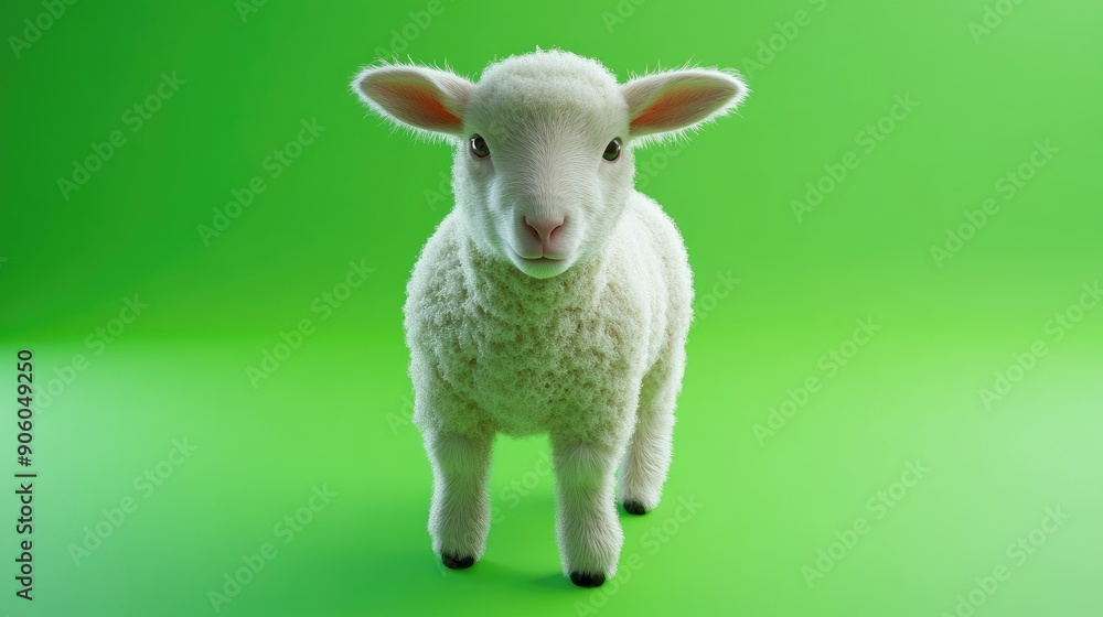 Fototapeta premium A cute and fluffy lamb posing on a bright green background, highlighting its innocence and charm.