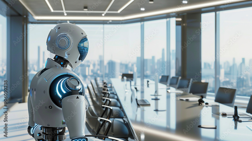 robot in futuristic office with cityscape view robot in futuristic office with cityscape view